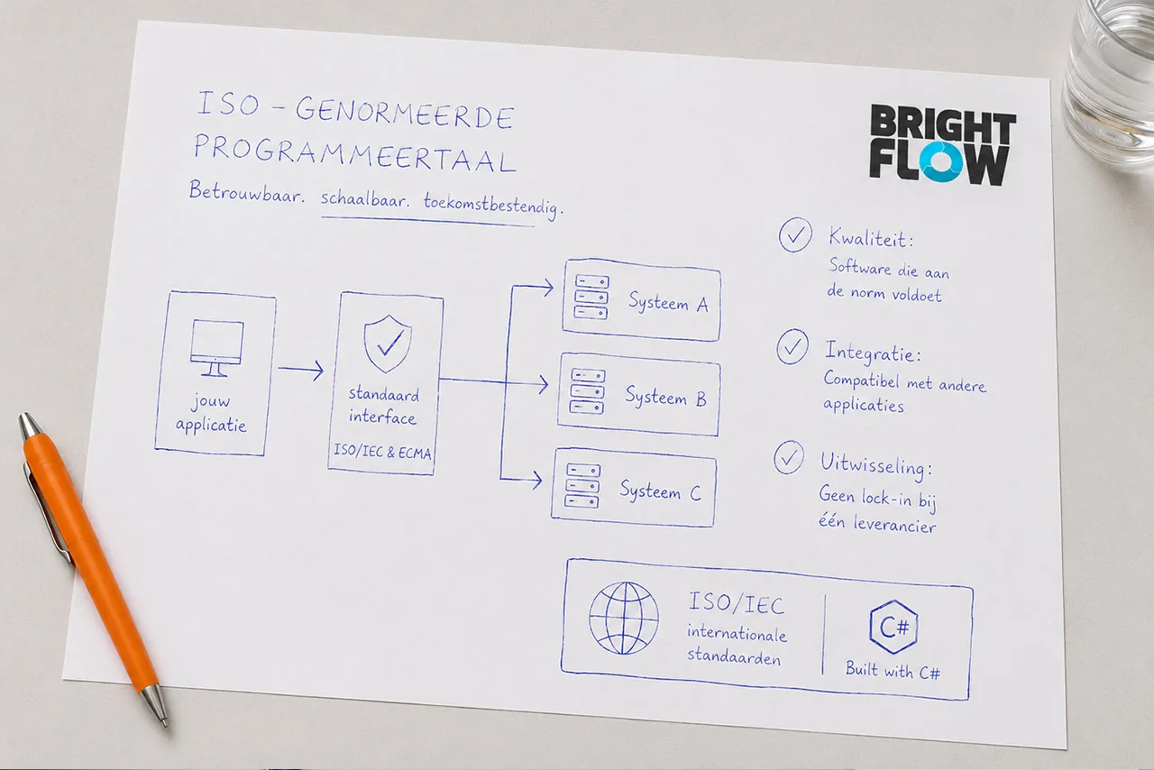 Schema van een ISO-genormeerde standaard interface die een applicatie koppelt aan meerdere systemen, zonder lock-in bij één leverancier