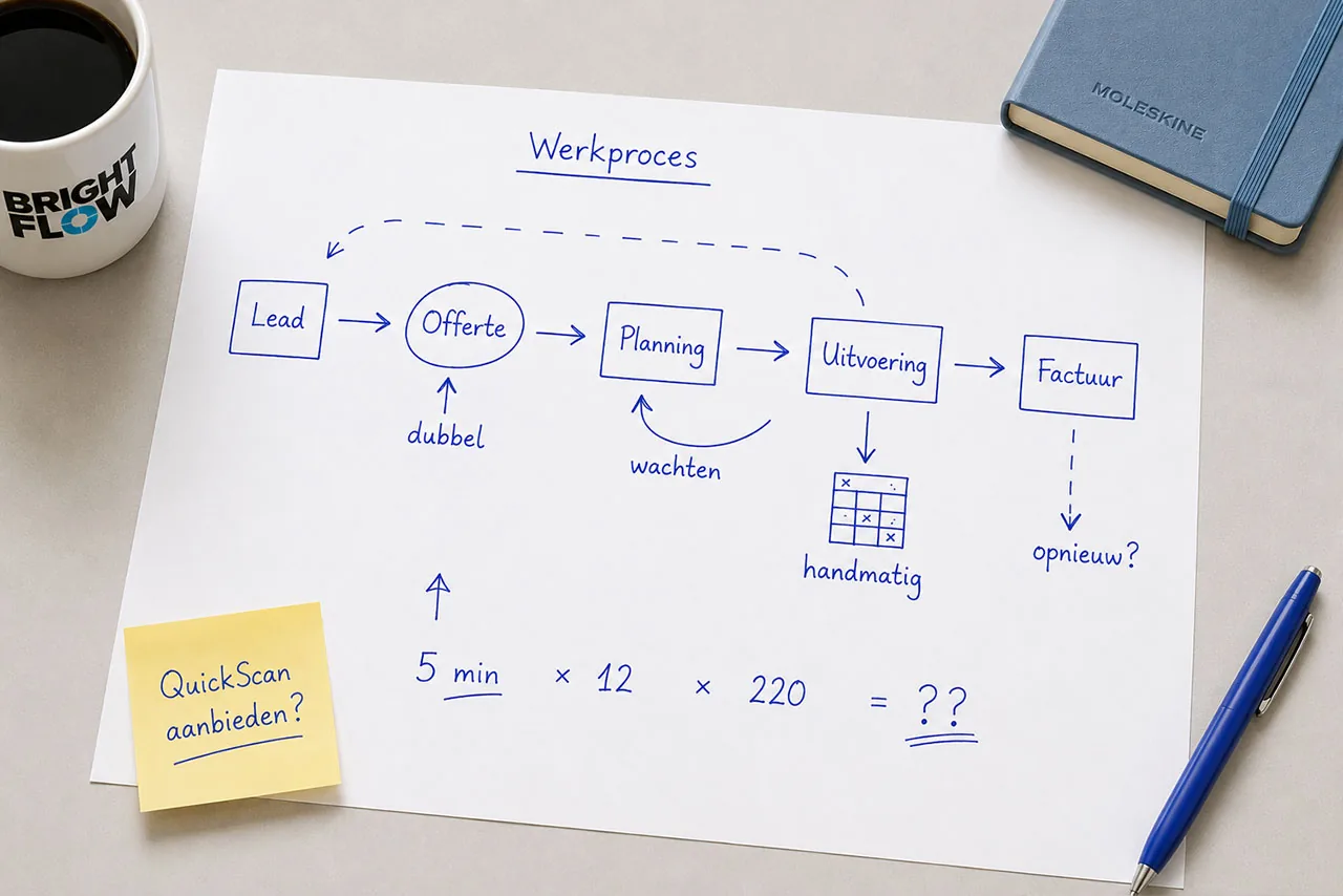 Illustratie: een werkproces (lead, offerte, planning, uitvoering, factuur) met knelpunten zoals dubbel werk, wachten en handmatige stappen