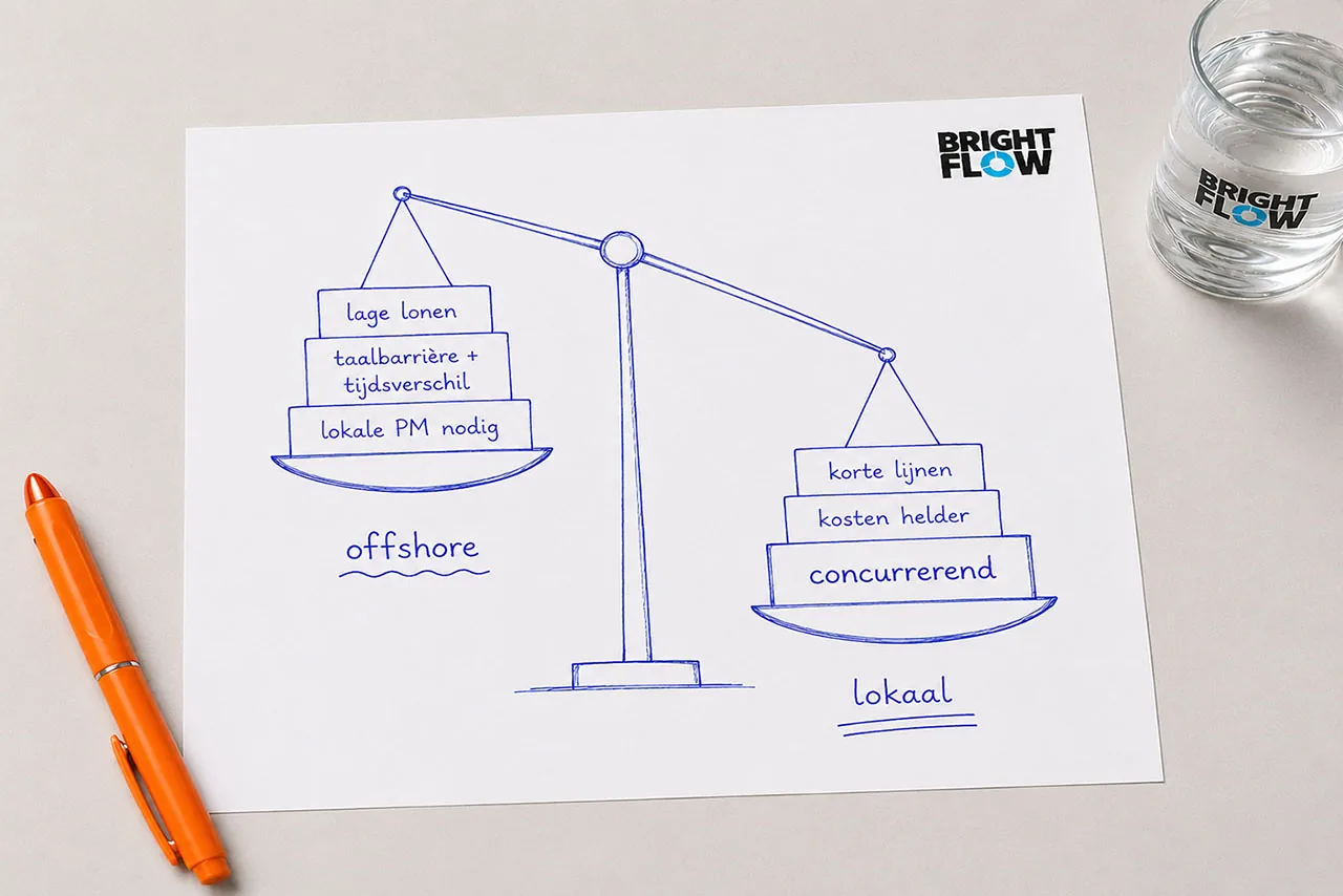 Illustratie: afweging tussen offshore softwareontwikkeling en lokaal ontwikkelen, met kosten, tijdsverschil en taalbarrières