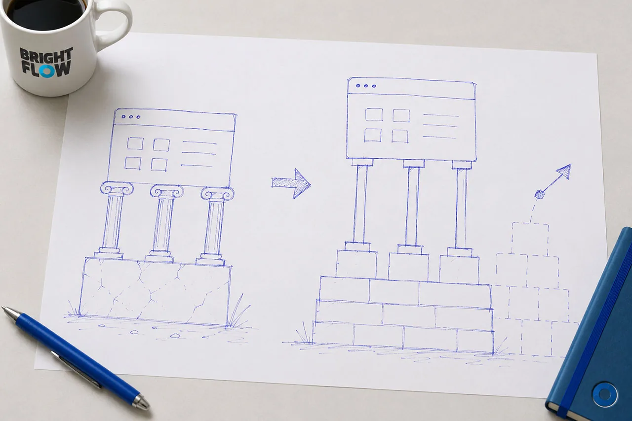 Een gebarsten stenen fundering wordt een modulaire, uitbreidbare fundering: BaseFlow bouwt schaalbare software die met je meegroeit