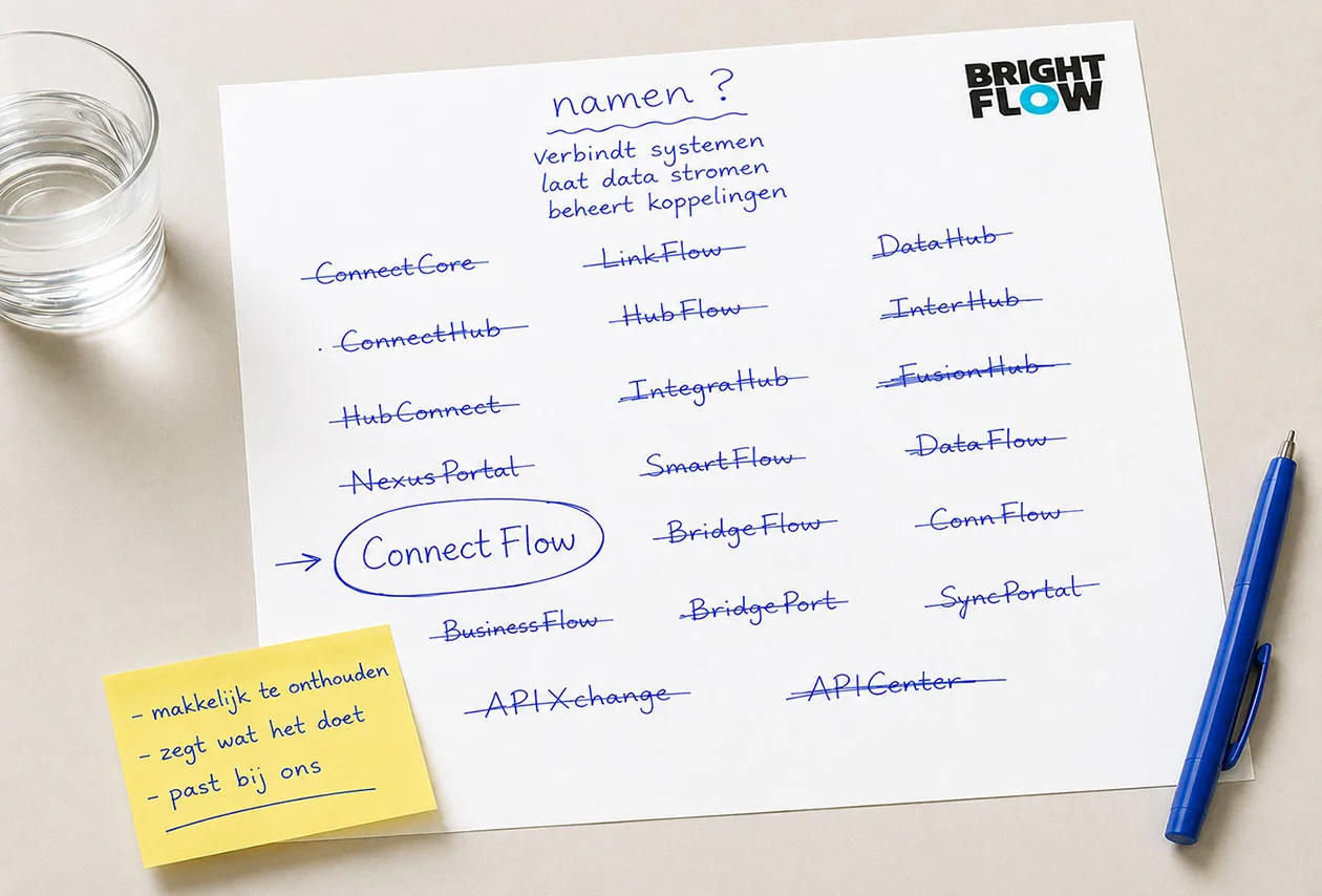 Kladblaadje vol gebrainstormde namen die stuk voor stuk zijn doorgestreept, met ConnectFlow omcirkeld als winnaar en een gele sticky note met de criteria: makkelijk te onthouden, zegt wat het doet, past bij ons