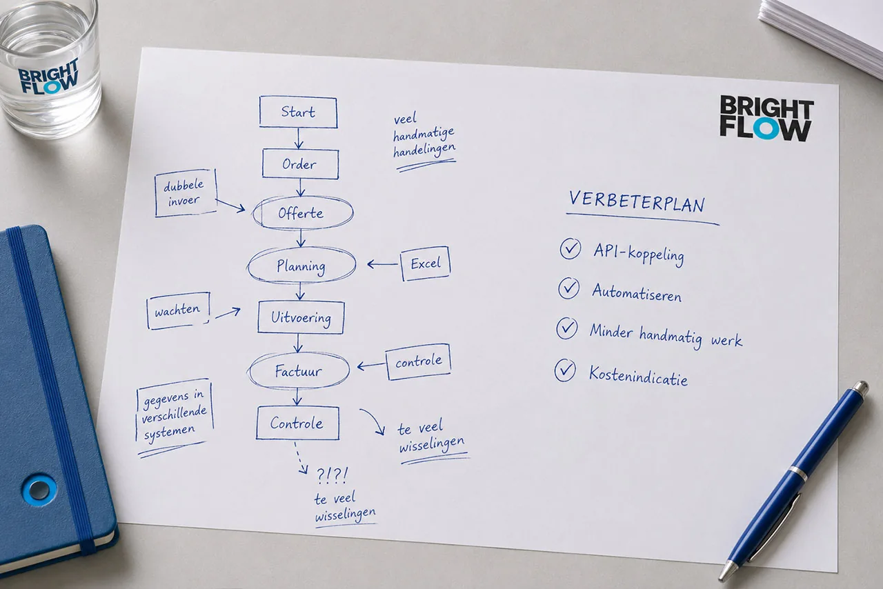 Proceskaart met knelpunten als dubbele invoer en handmatig werk, naast het verbeterplan met API-koppeling, automatiseren en kostenindicatie