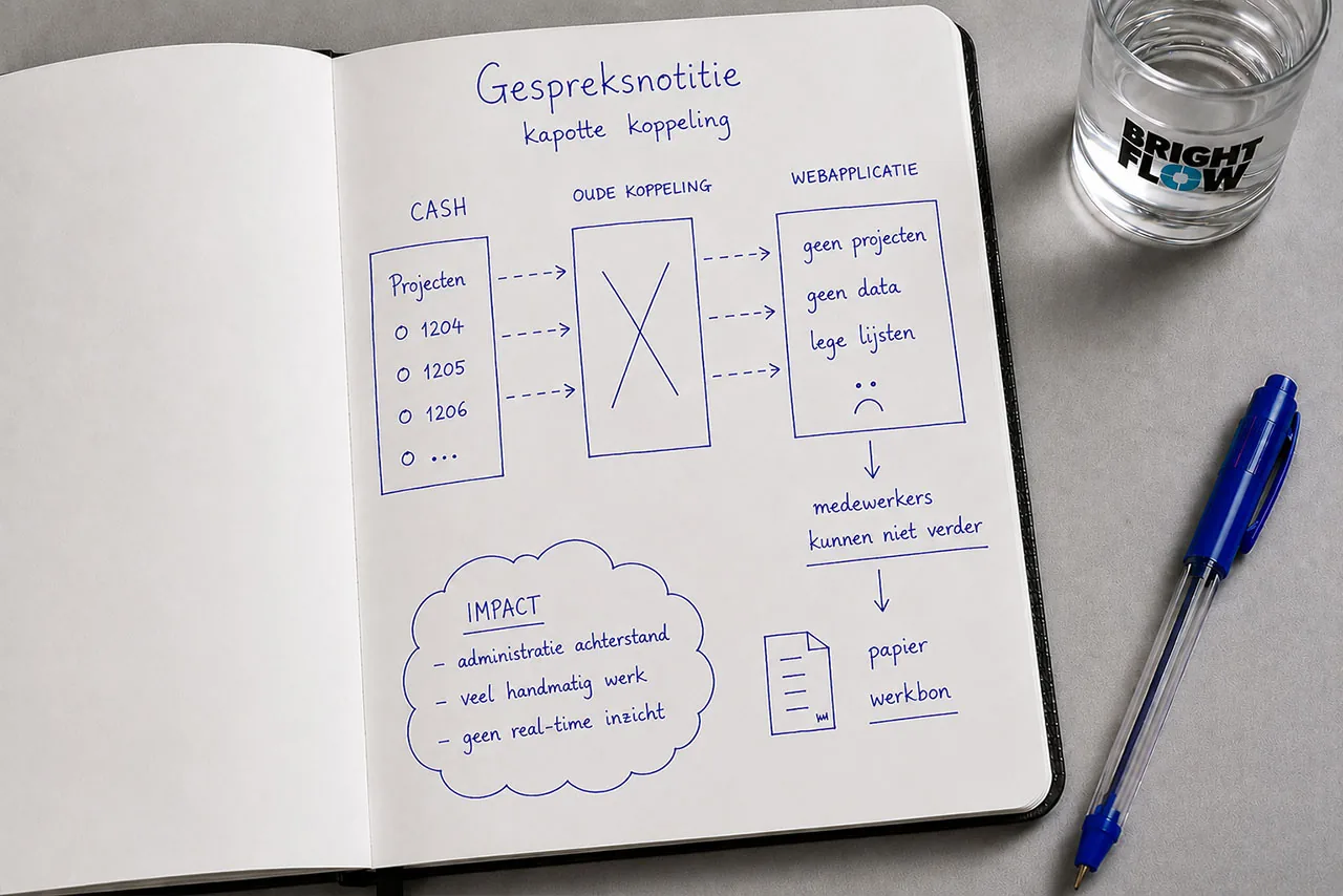 Handgeschetst schema: de projecten uit het boekhoudpakket bereiken de webapplicatie niet meer omdat de oude koppeling is uitgevallen. Gevolg: geen projecten, geen data, lege lijsten en werkbonnen terug op papier.