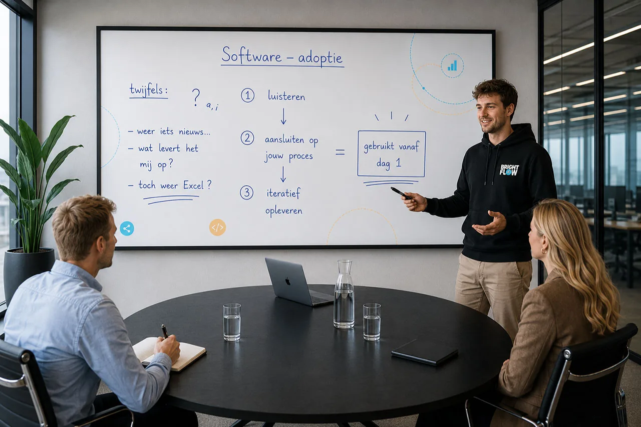 Een teamlid in BrightFlow-hoodie presenteert het software-adoptieplan op een whiteboard aan twee collega's: van de twijfels van het team, via luisteren, aansluiten op je proces en iteratief opleveren, naar software die het team vanaf dag één gebruikt.
