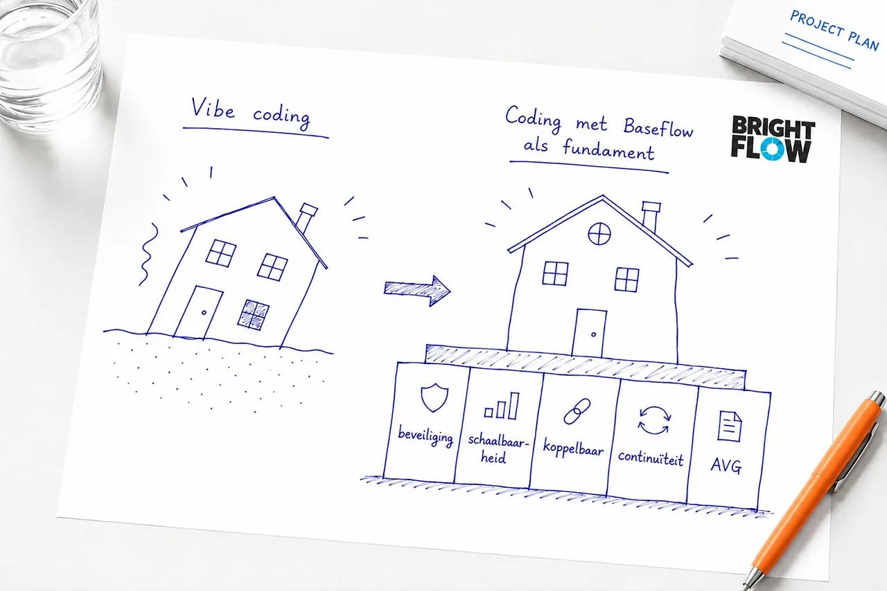 Illustratie: vibe-coded software staat als een huis op los zand, terwijl software met BaseFlow als fundament stevig staat op beveiliging, schaalbaarheid, koppelbaarheid, continuïteit en juridische borging