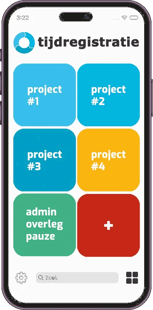 TimeFlow interface met kleurrijke projecttegels